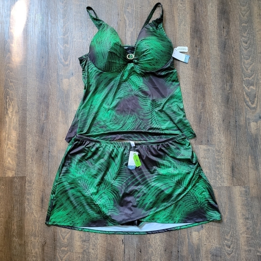 Cacique Tankini and Skirt Swim Set 40DDD size 24 Breezy Palm